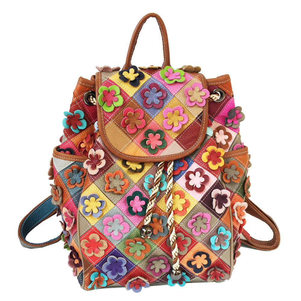 Backpack Style Ethnic Style leather Backpack Cowhide Diamond Pattern Patchwork Handmade Floral Travel Backpack 230619