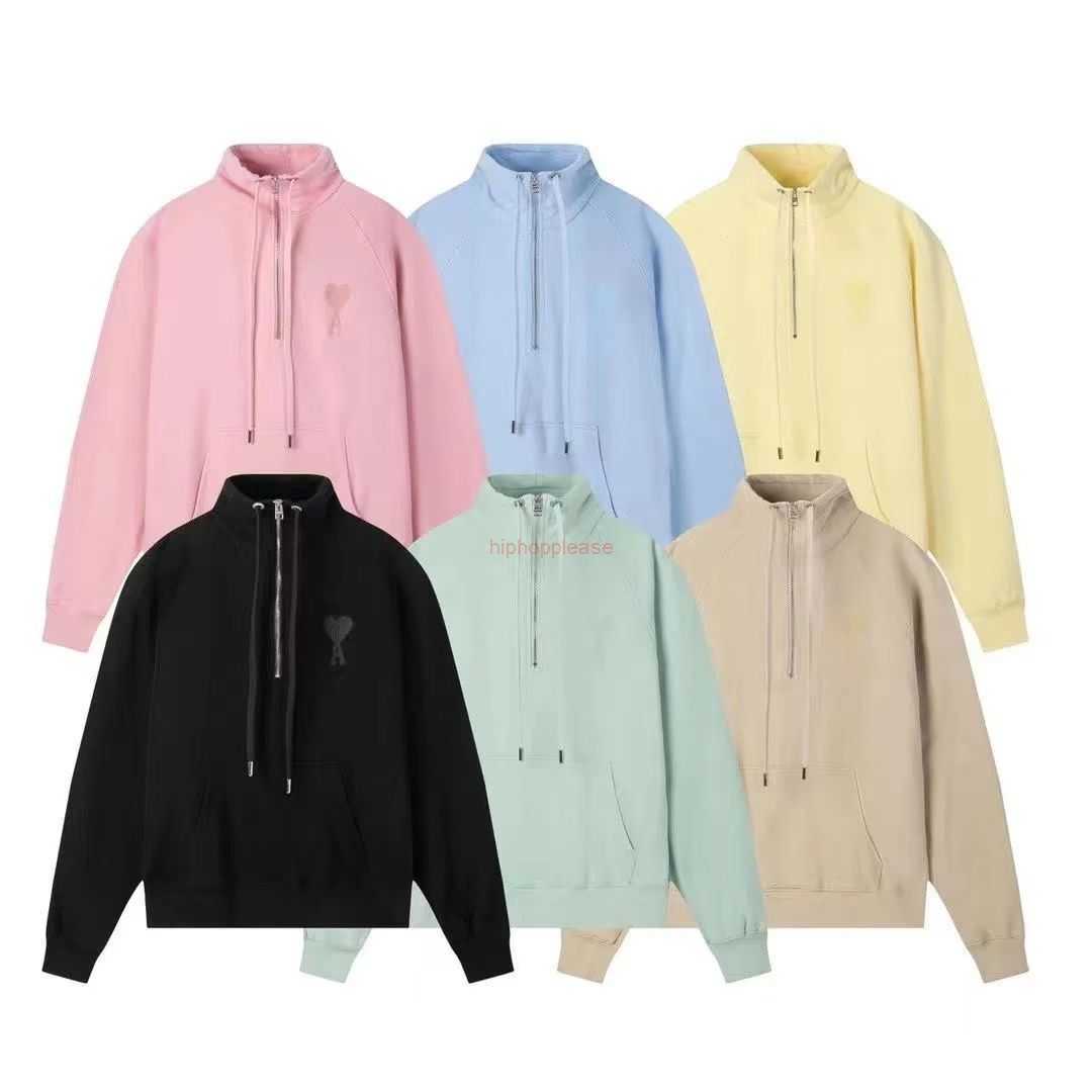 

Ami Designer Fashion Clothing Men's Sweatshirts Ami Sweater Love Embroidery Makaron Mock Neck Pullover Half Zip Coat Women's Versatile Loose Fit Sport 2027, Beige
