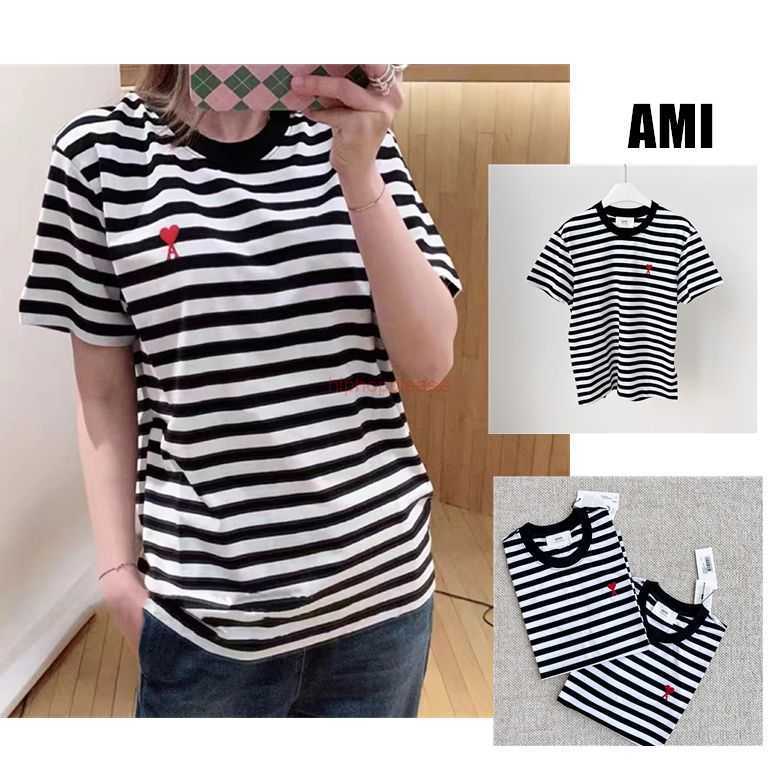 

Ami Designer Fashion Clothing Tees Tshirts American Ami Trend Embroidery Love Niche Design Peach Heart Casual Loose Striped Short Sleeved T-shirt for Both Men Women, Black stripes