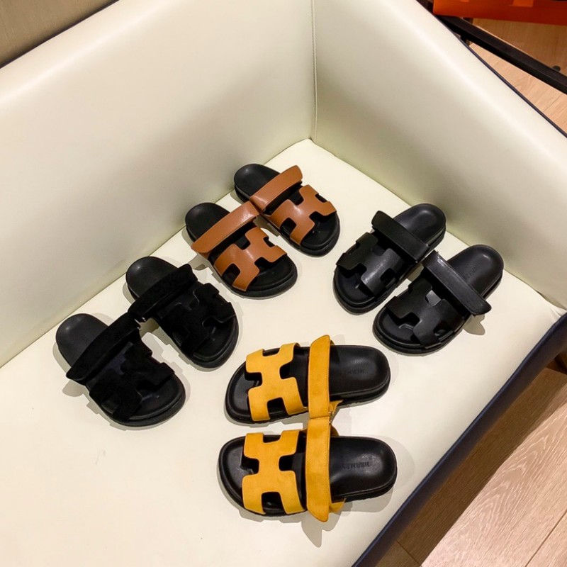 

Luxury Designer Uncle Slippers Ladies Flat Lazy Slides Outer wear leather fashion Velcro 2023 summer new, White