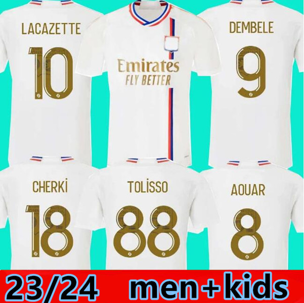 

23/24 Maillot Lyon LACAZETTE soccer jerseys 2023 2024 Home TOKO EKAMBI L.PAQUETA KADEWERE DEMBELE AOUAR shirts Away BOATENG CHERKI Kids Kit football uniforms, Ivory