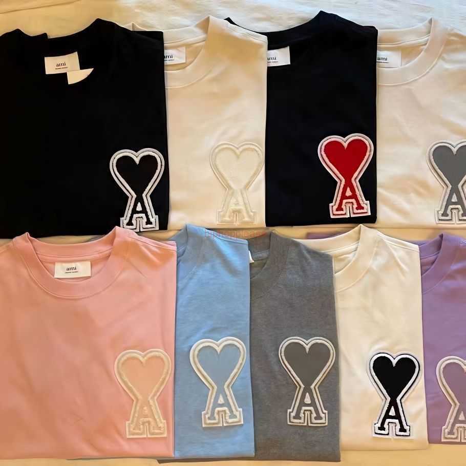 

Ami Designer Fashion Clothing Tees Tshirts High Version Ami Short Sleeved Summer New Love Big a Peach Heart Towel Embroidery Ami Shirt for Men Women Couples, Blue