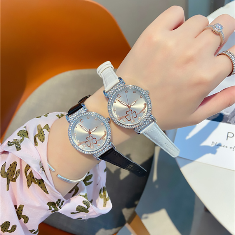 

Fashion Full Brand Wrist Watch Women Ladies Flowers Crystal Style Luxury With Logo Leather Strap Quartz Clock CH97, Rose gold white