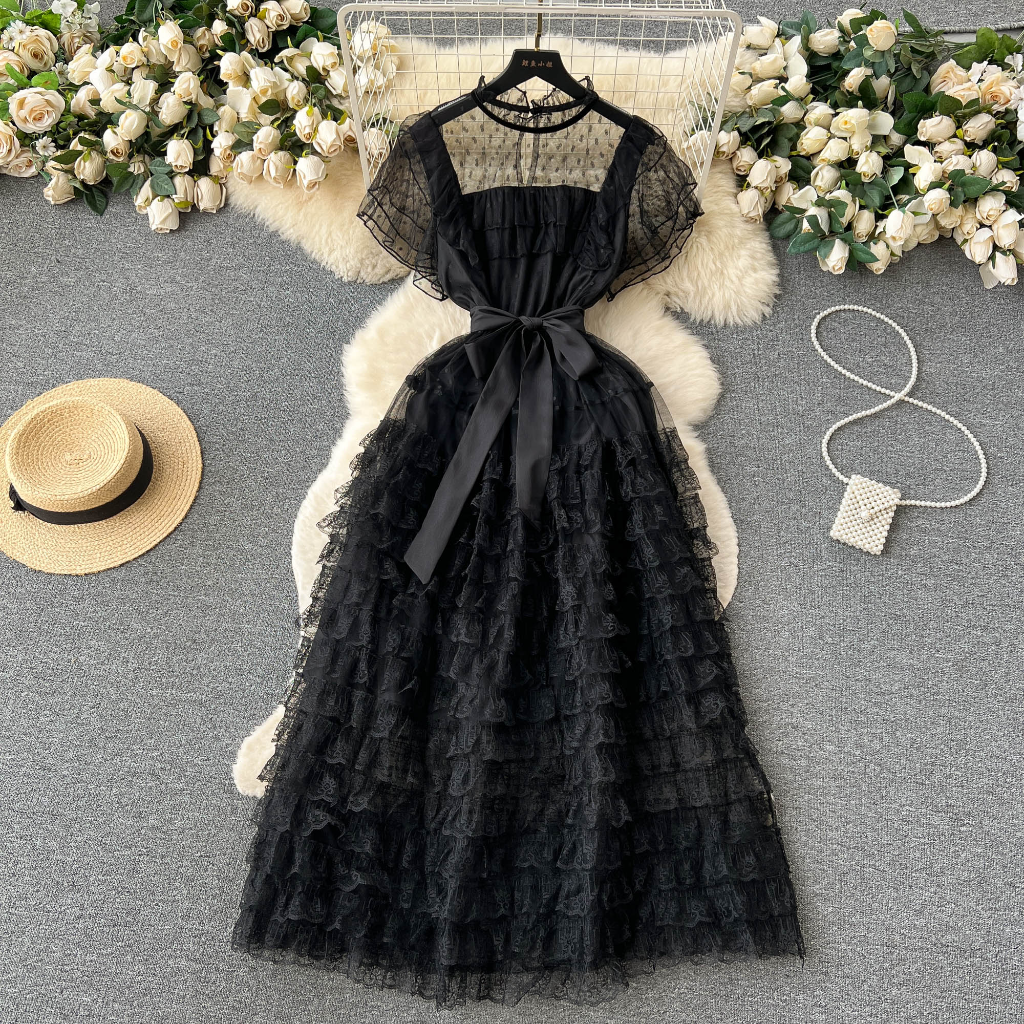 

Casual Dresses Women New Fashion Lace Round Collar Stitching French Black Dress Short Sleeve Elegant Party Clothes Vestido Feminino 2023, Same as picture