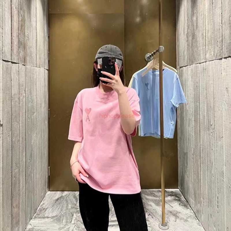 

Ami Designer Fashion Clothing Tees Tshirts Correct Version Ami Short Sleeved Macaron T-shirt 22ss Same Color Heart Embroidery French Niche Top for Both Men Women, Peach-pink