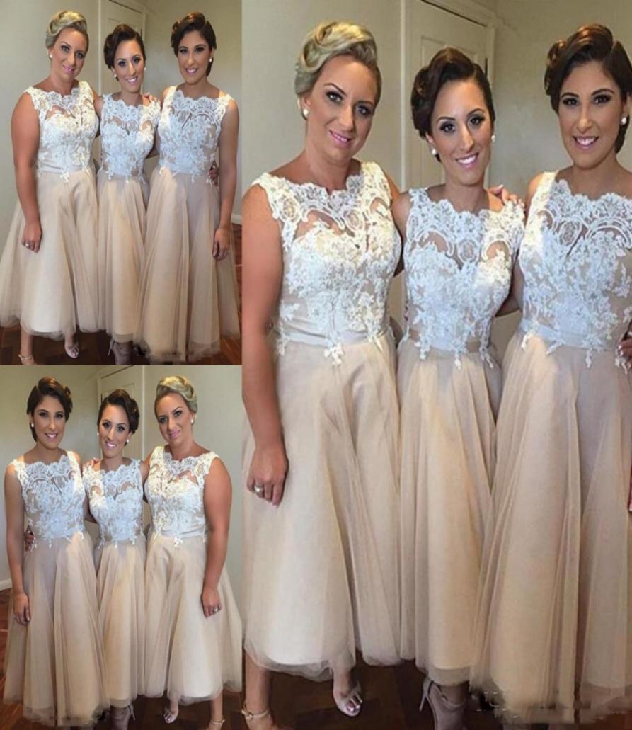 

White And Champagne Short Bridesmaid Dresses For Wedding Plus Size Lace Top Sleeveless Maid Of Honor Gowns Tulle Tea Length Brides2901916