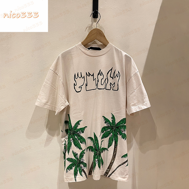 

23ss New t shirt coconut tree skull print pattern apricot cotton loose personality street versatile men women casual, #01