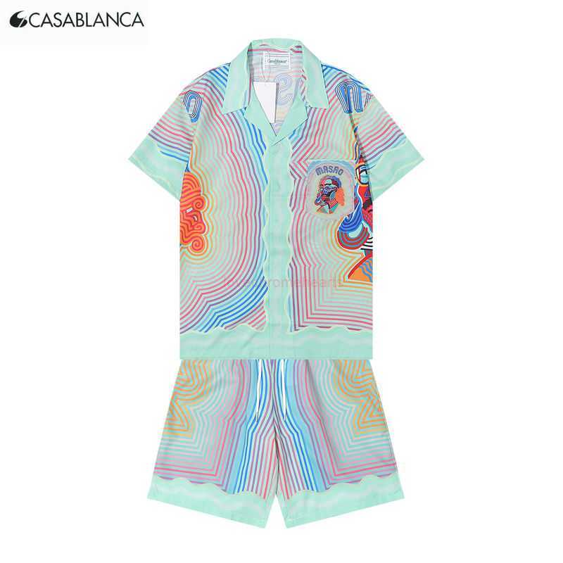 

Casa Designer Fashion Clothing Shirts Tracksuits 2023 New Casablanca Abstract Stripe Head Print Short Sleeve Shirt Set for Men Women, Shipping fee