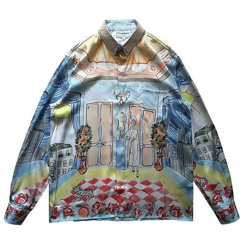 

Casa Designer Fashion Clothing Shirts Tracksuits Casablanca 23ss Sketch Painting Dreamy Loose Relaxed Silk Long Sleeve Shirts for Men Women Couples, Beige