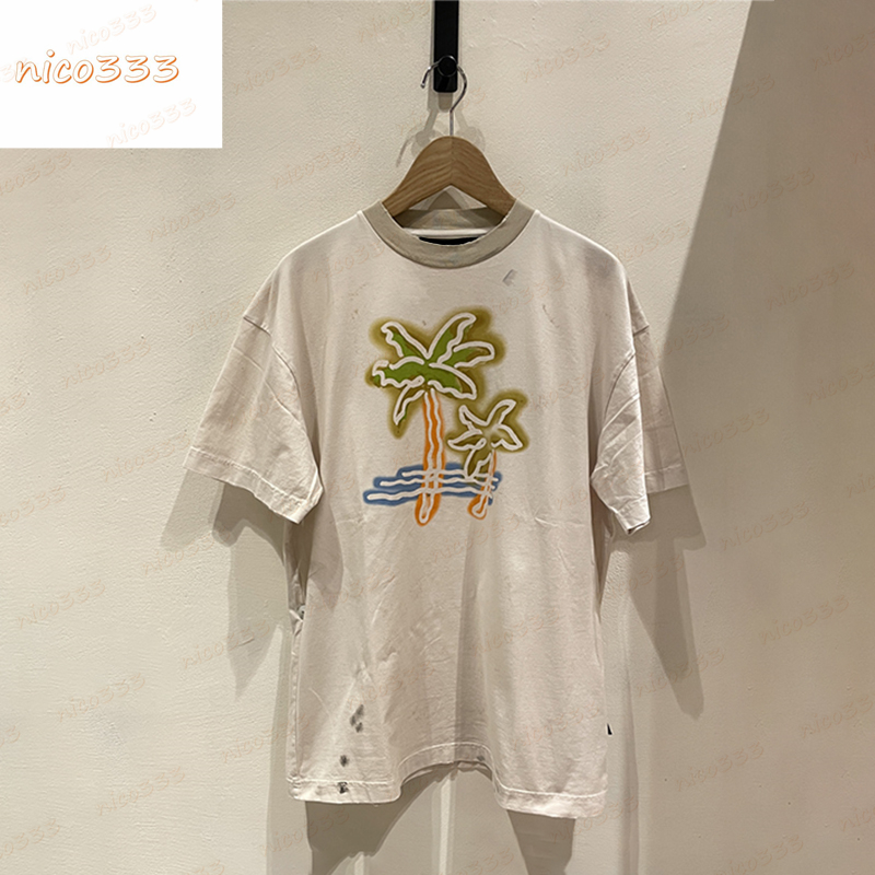 

23ss New t shirt fluorescent coconut splashed ink cotton round neck loose versatile beige street mens women short sleeve, #01