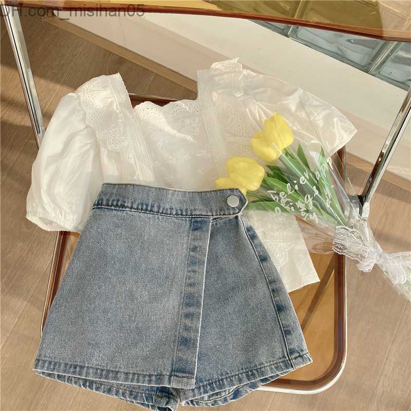 Ensembles de vêtements Ensembles de vêtements Ensemble de vêtements pour enfants Été Filles Mode Chemisier en dentelle Top Denim Shorts Style cor