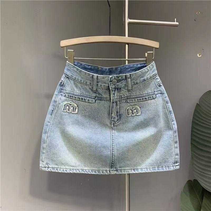 Womens clothing designer short skirt 23ss summer new letter diamond embroidery denim Shorts Skirt high waist washed blue hip Skirts-image-882171817