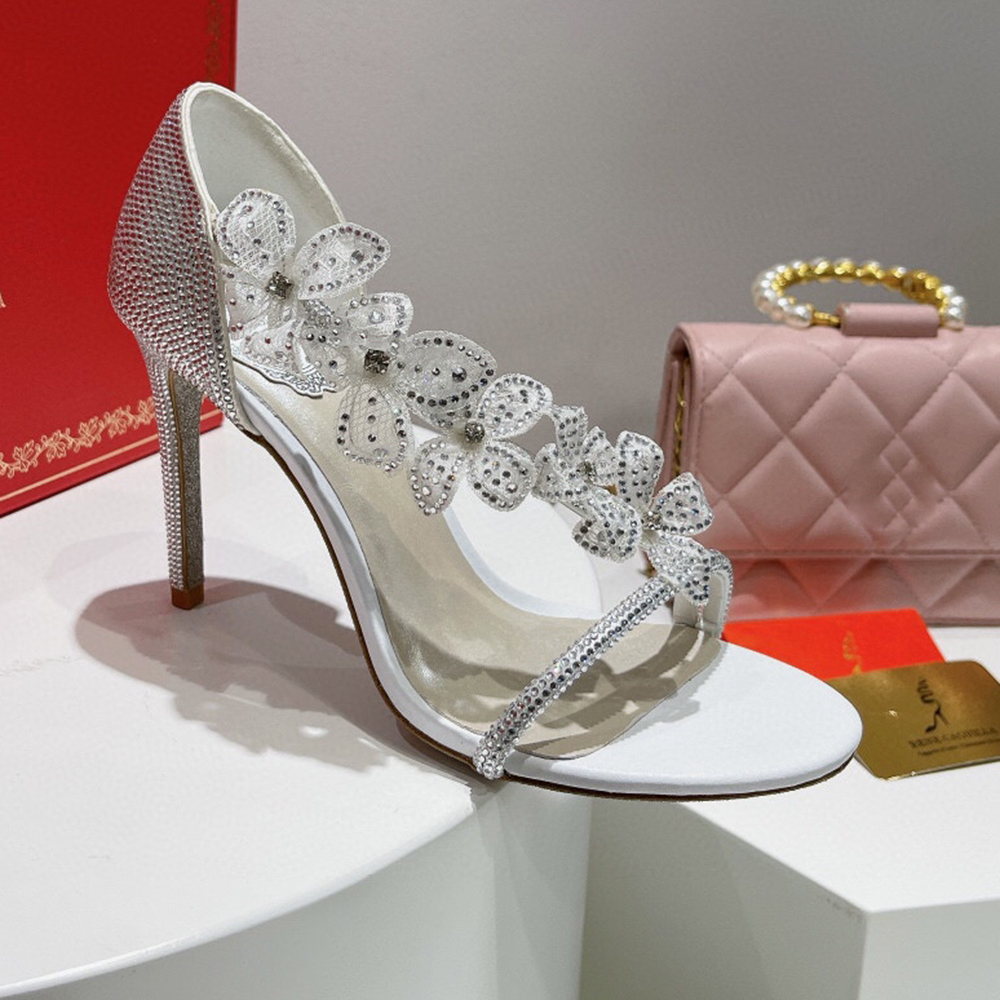 

Rene Caovilla Rhinestones Crystal Flower Sandals Stilletto heels pumps Wedding Shoes women's luxury leather outsole evening dress shoes factory footwear With box, 9#