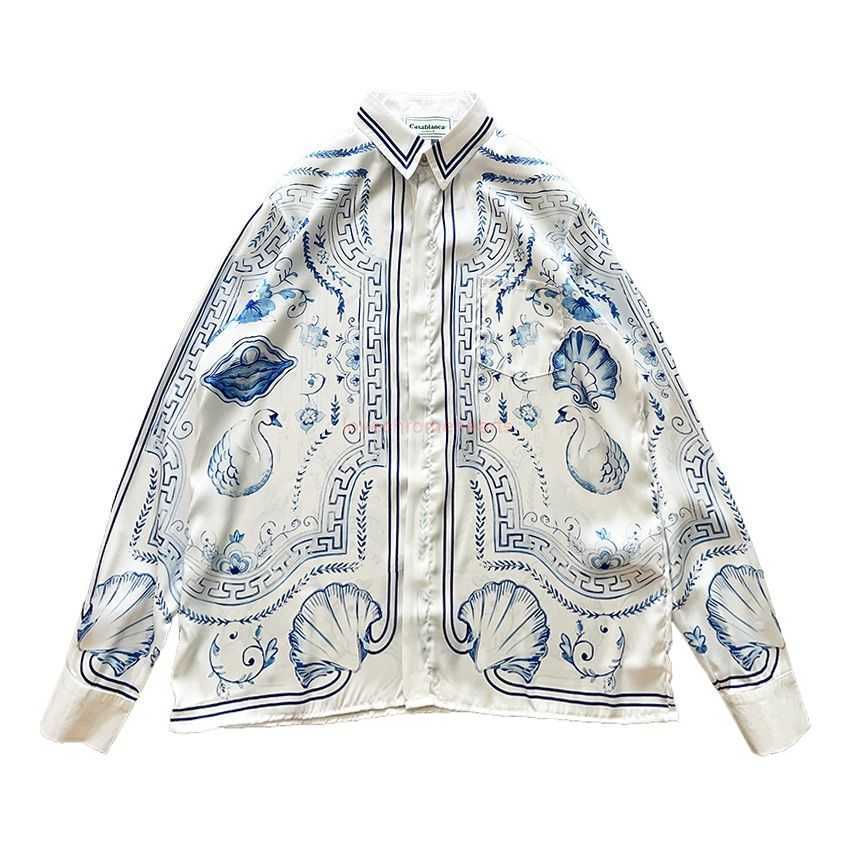 

Casa Designer Fashion Clothing Shirts Tracksuits Casablanca 23ss Blue Marble Swan Couple Silk Loose Hawaiian Long Sleeve Shirt, Beige