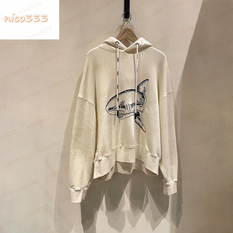 

23ss New hoodies broken tail shark pattern back letter print pattern cotton versatile men women black beige simple short sleeve, #02