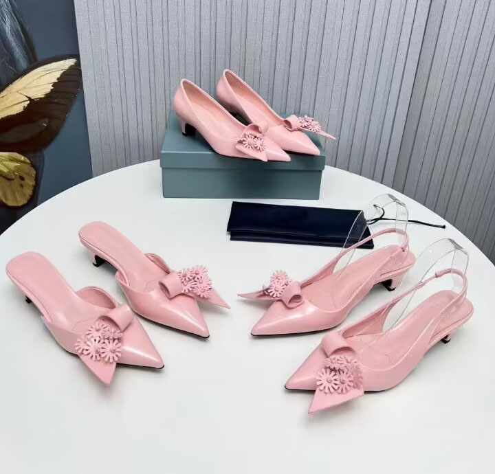 

Genuine leather bottom women clothing designer shoes sandals fashionable pointed bow flower decoration medium high heels 5cm runway party work slippers Send box, 1#