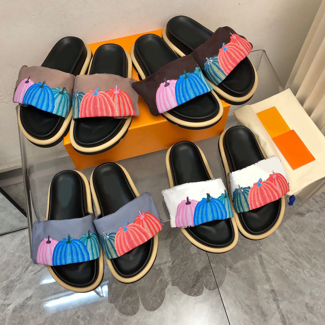 

womens designer sandal platform sandals slides men printed thick bottom flip flops summer flat shoes casual beach sandles genuine leather high quality with box 10A, Color1
