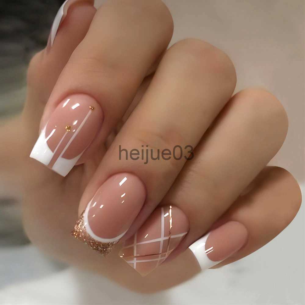 False Nails 24Pcs Glitter Short Square Head False Nail with French Edge Full Cover Fake Nails Tips Wearable Ballet Finished Press on Nails x0703-image-883676161