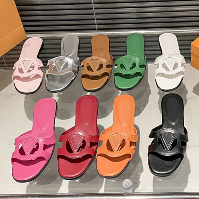 

Fashion Flat Mule Slippers for women Isola leather Outsole Slides Circle signature Soft Calfskin Wide Front Strap Summer metallic leathers womens Sandals Size 35-42