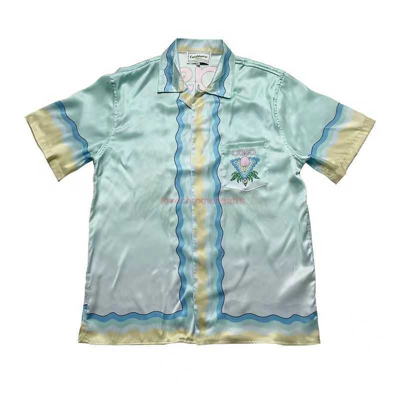 

Casa Designer Fashion Clothing Shirts Tracksuits Casablanca Gradual Wave Table Tennis Lay Zhang Same Silk Short Sleeve Shirts for Couples, Beige