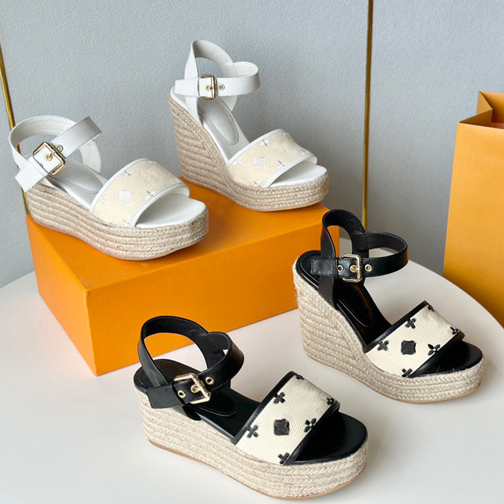 

New Linen Embroidered Espadrilles wedge Sandals Platform heels Summer women's luxury designers Sandals Non slip rubber sole Fashion Sand Casual shoes, White 12cm