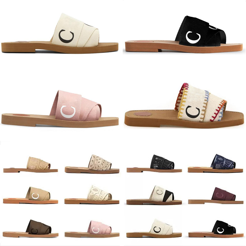 

Woody Slippers Sandals Slides Sliders For Women Mules Flat Slide Light Tan Beige White Black Pink Lace Lettering Fabric Canvas Woman Slipper Slider Sandal Scuffs, Color#17