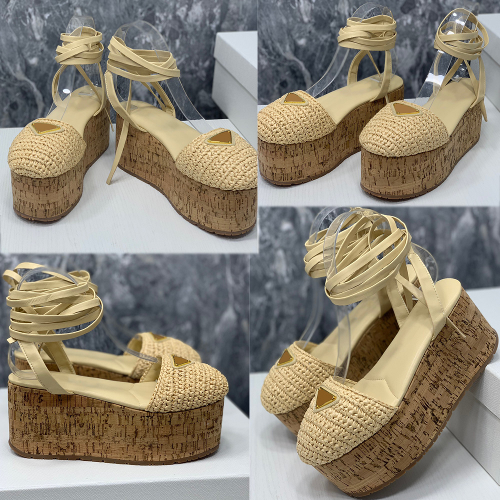 

Crochet wedge sandals 1XZ760 Color Natural Raffia effect yarn Upper with nappa leather ankle laces Enameled metal triangle logo Roman designer platform sandal, White