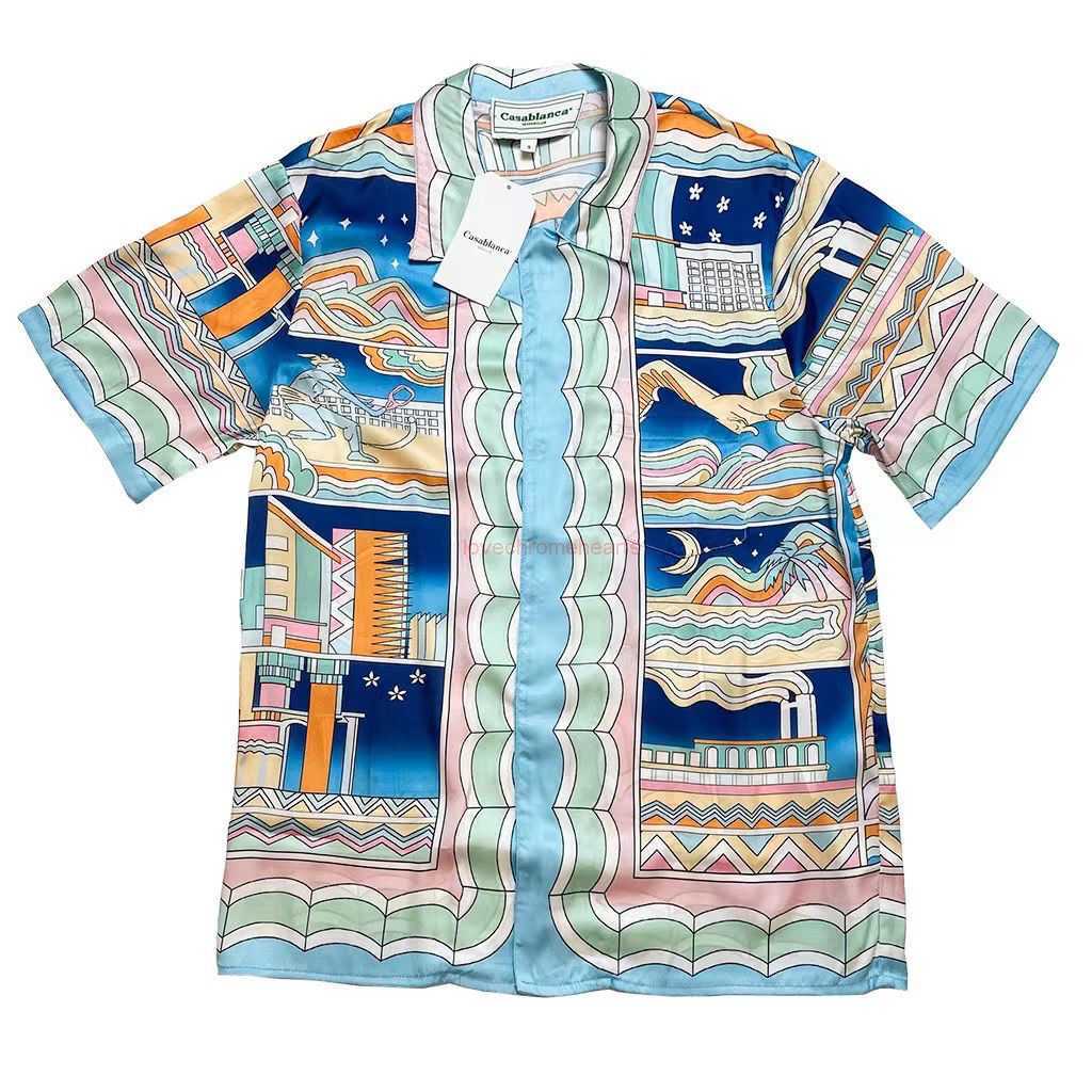 

Casa Designer Fashion Clothing Shirts Tracksuits Casablanca Short Sleeve Shirt Maya Mythology Summer Couple New Loose Printed Silk T-shirt, Beige