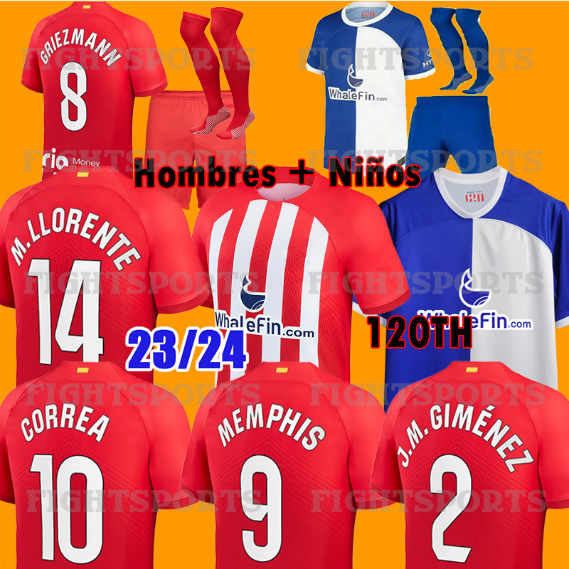 

Atletico Madrids soccer jerseys 23 24 120th anniversary JOAO FELIX 2023 2024 M.LLORENTE GRIEZMANN KOKE SAUL Correa LEMAR football shirt men kids kit sets uniforms, 120th player