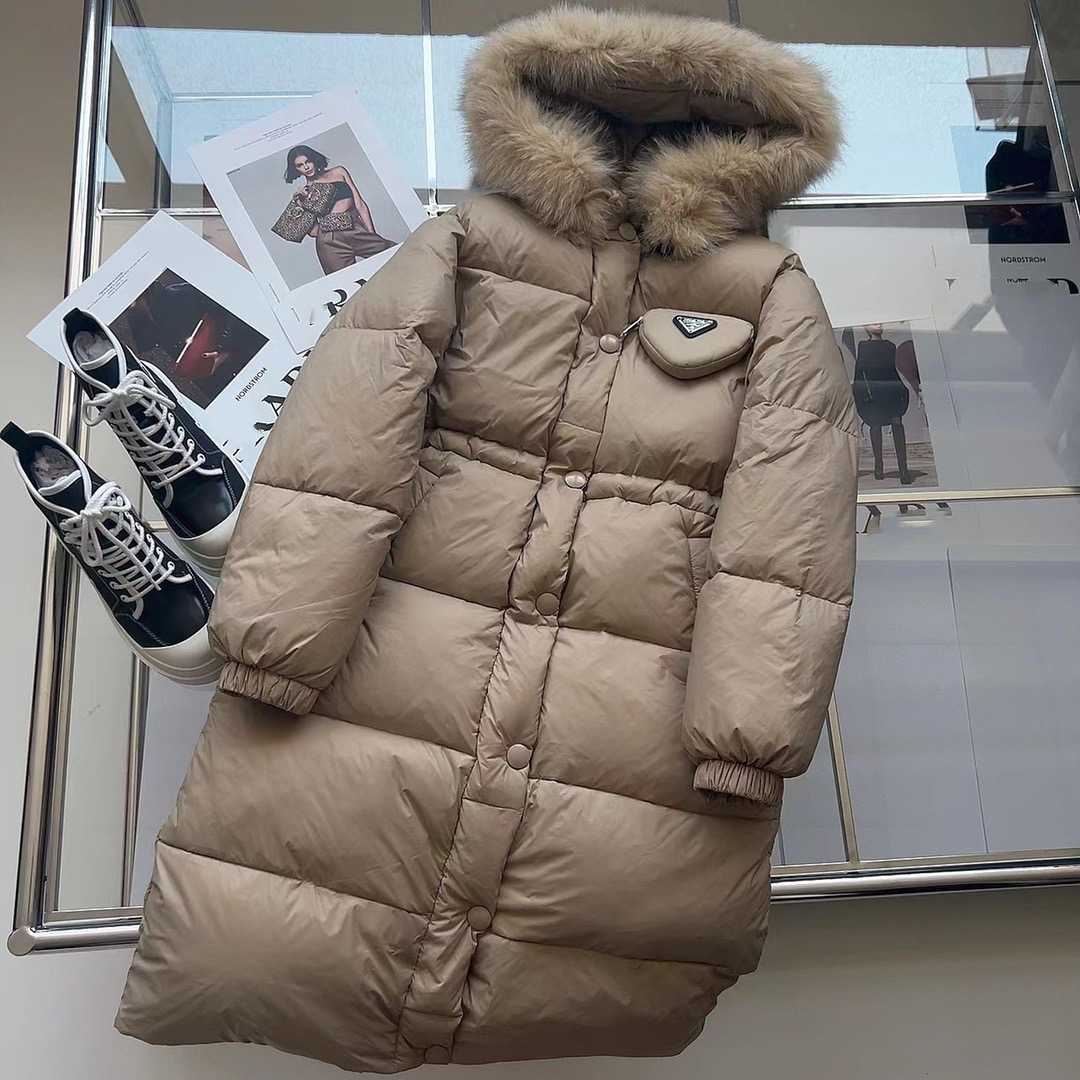 

Women' new winter fashion triangle bag fur collar hooded long down jacket, collar metal buckle design fashionable and handsome, nylon fabric texture crisp and shaped