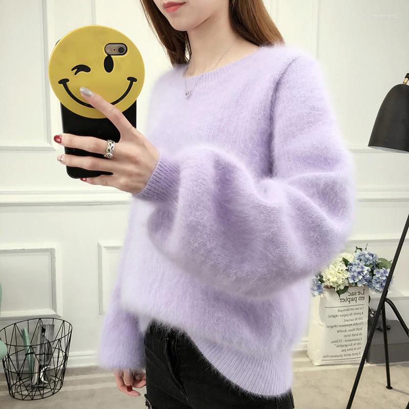 

Women's Sweaters Autumn Winter Thicken Lantern Sleeve Pullover Knitted Warm Plush Sweater Faux Mink Cashmere Women Pullovers HK178, Sky blue