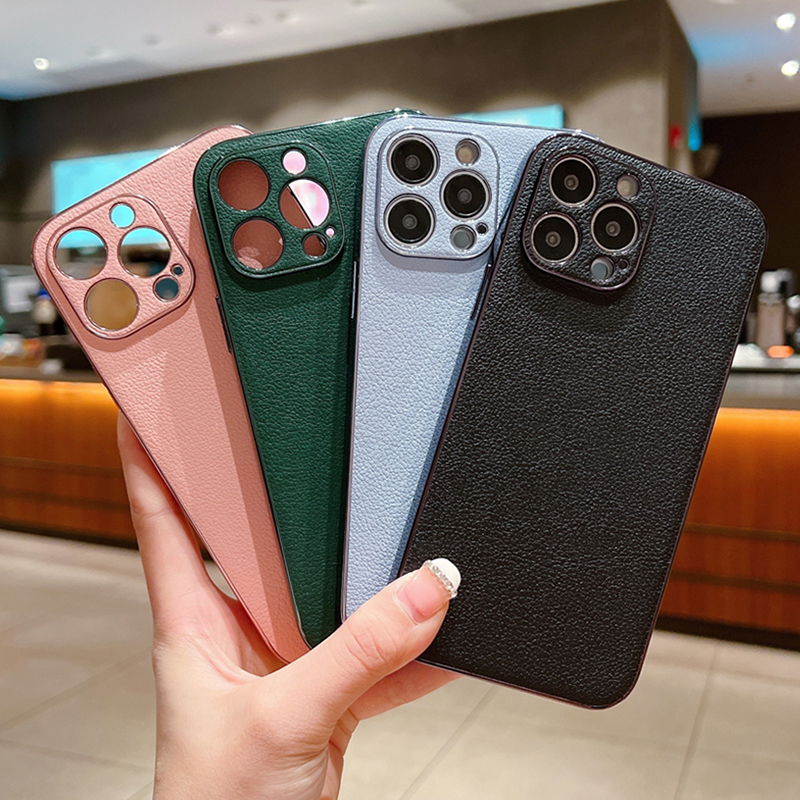 

Luxury Leather Texture Plating Bumper Phone Case For iPhone 13 12 11 Pro Max 13Pro 12Pro Camera Protection Silicone Cover Funda