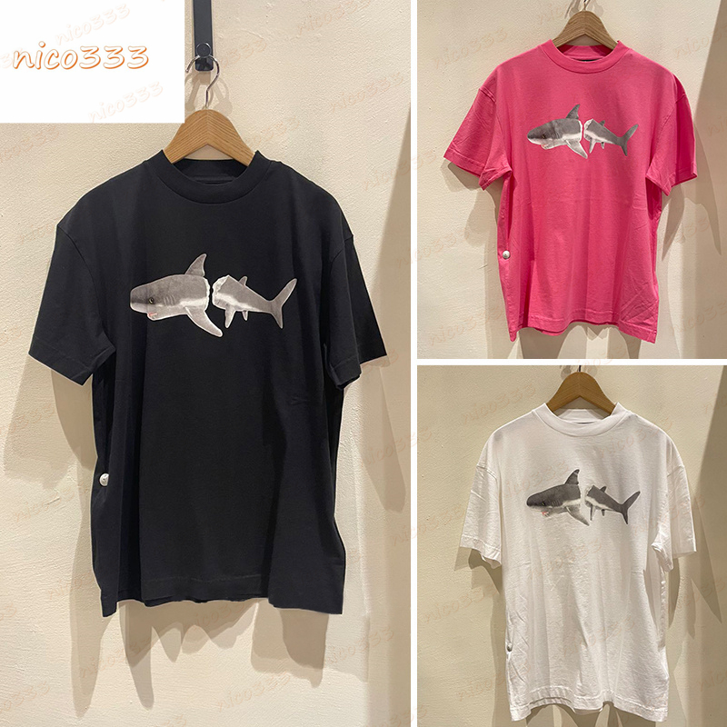 

23ss New t shirt broken head shark letter print pattern cotton round neck black light blue pink versatile men women street short sleeve, #02 white