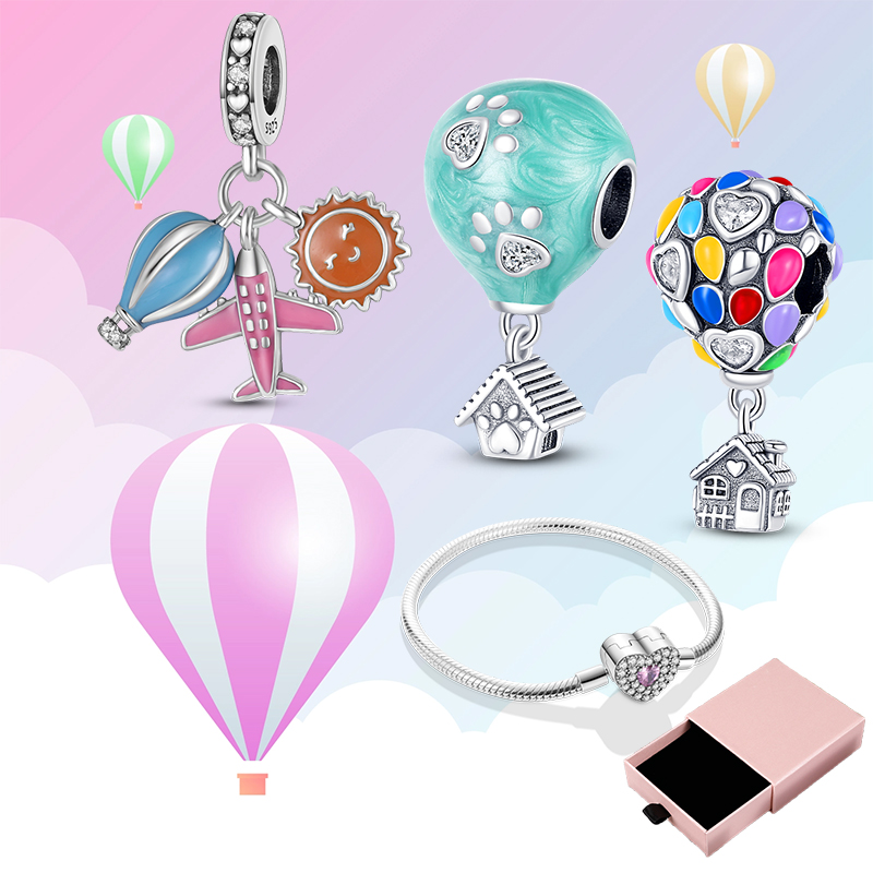 925 Silver Fit Pandora Charm 925 Bracelet Colorful Hot Air Balloon Charms Set Pink Heart charms set Pendant DIY Fine Beads Jewelry