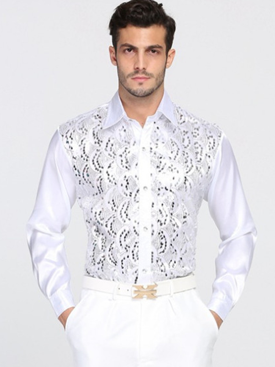 

High Quality Man Shirt Sequin Performance ball host Cotton Groom Long Sleeve Shirts Accessories 013, Blue