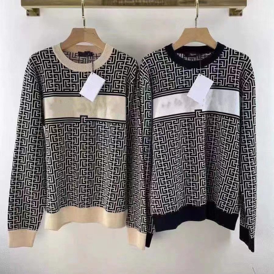 

Designer Womens Sweaters Hoodies in Autumn Winter Acquard Knitting Machine Custom Jnlarged Detail Crew Neck Cotton Free Size S-XL, Black