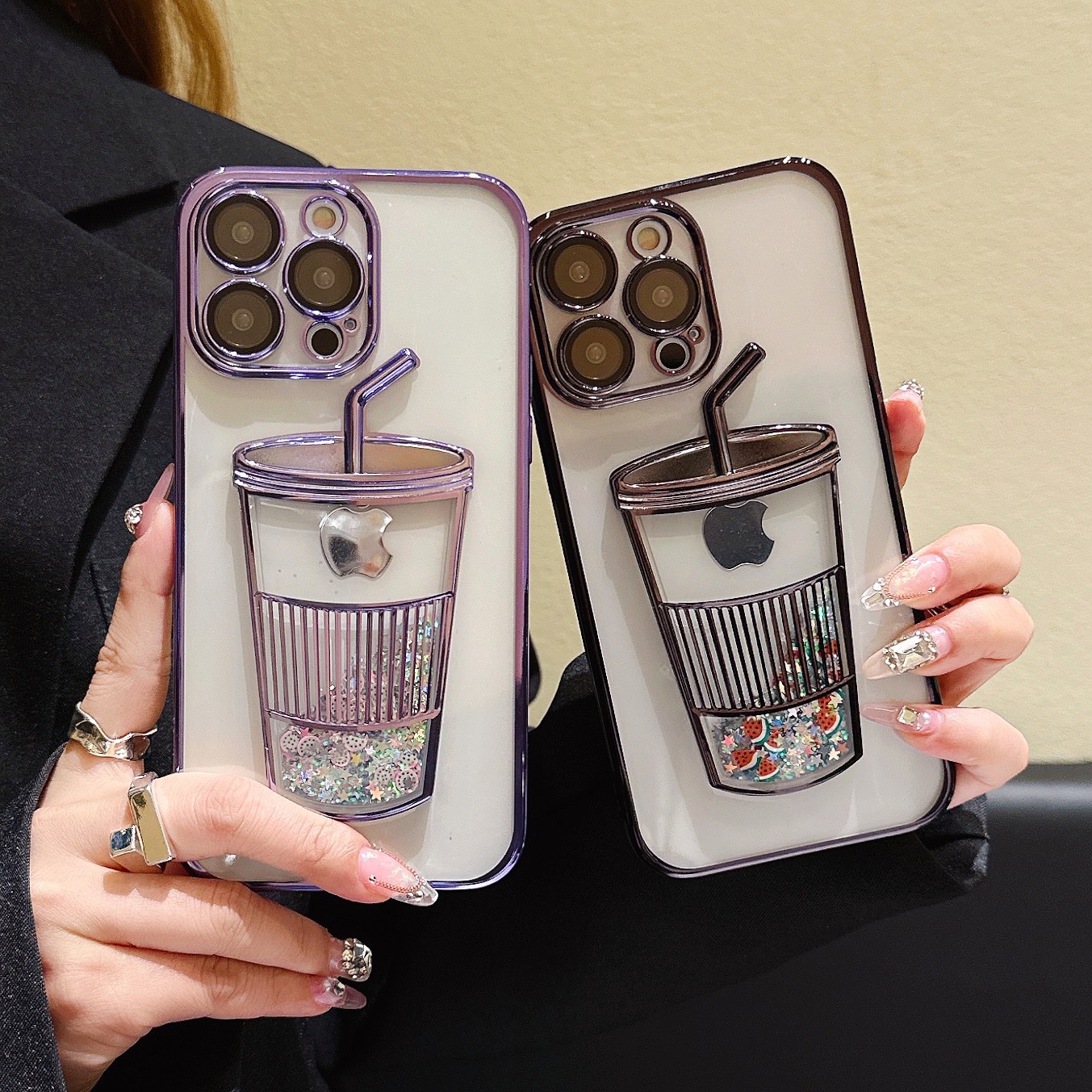 

Luxury plating Bubble tea glitter quicksand case for iphone 11 12 14 13 pro 14pro max Camera lens film Clear protective cover