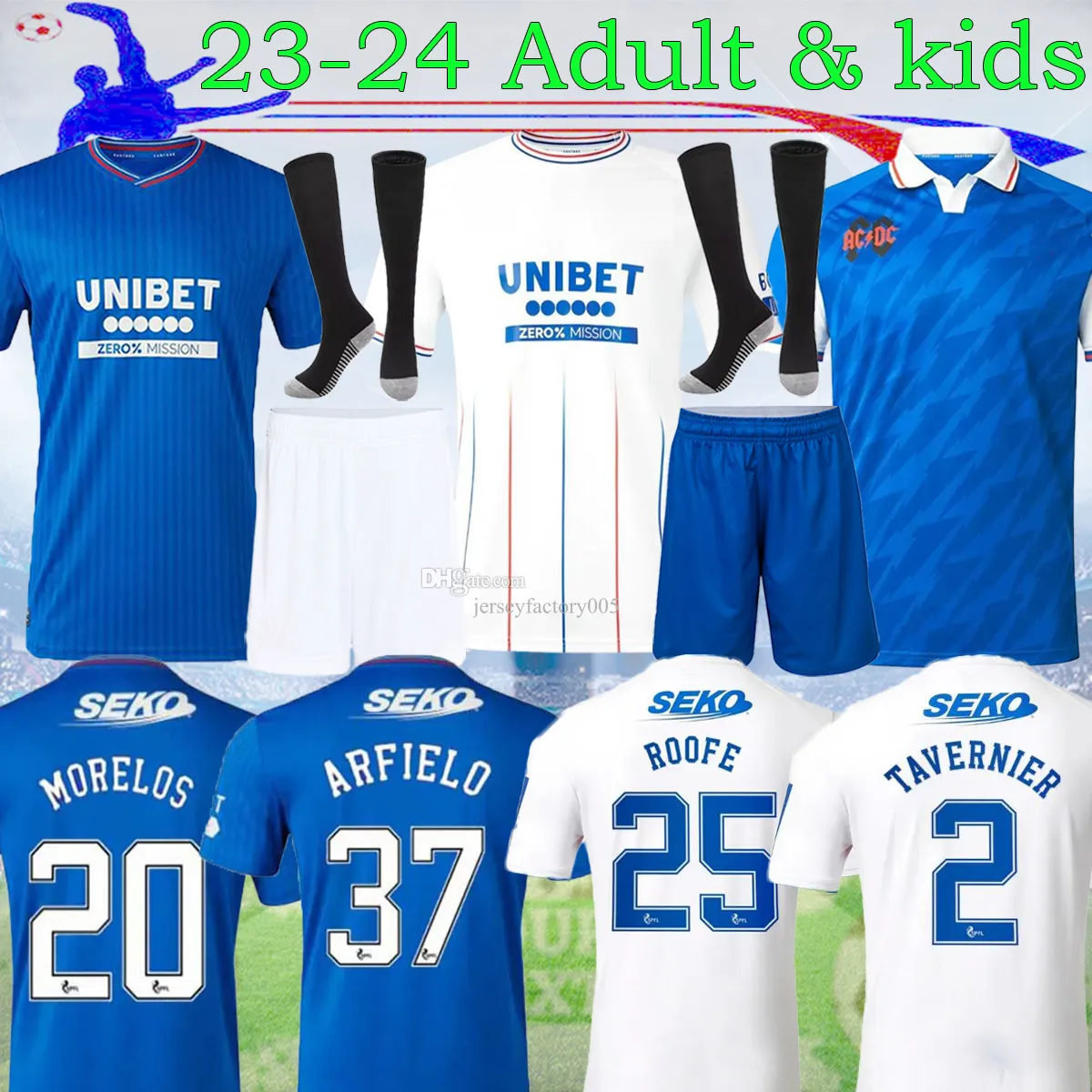 

23 24 Rangers Soccer Jerseys AC/DC 2023 home shirt away Glasgow COLAK ROOFE LUNDSTRAM HAGI BARKER MORELOS TAVERNIER KENT TILLMAN FASHION JR Football man kids kit 16-XXL, 23/24 away full kit