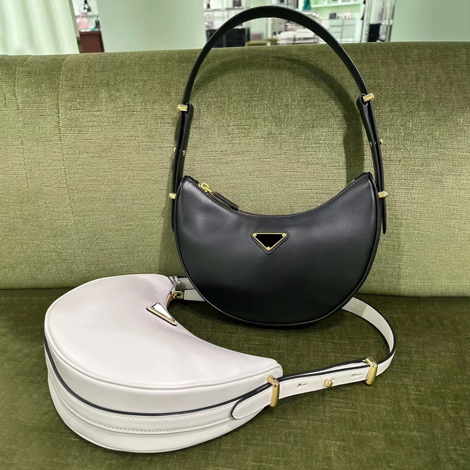 

prad cowhide underarm bag half moon Shoulder triangle LOGO pochette womens handbag tote Designer clutch bags purses mens Top quality travel crossbody hobo envelope, Black