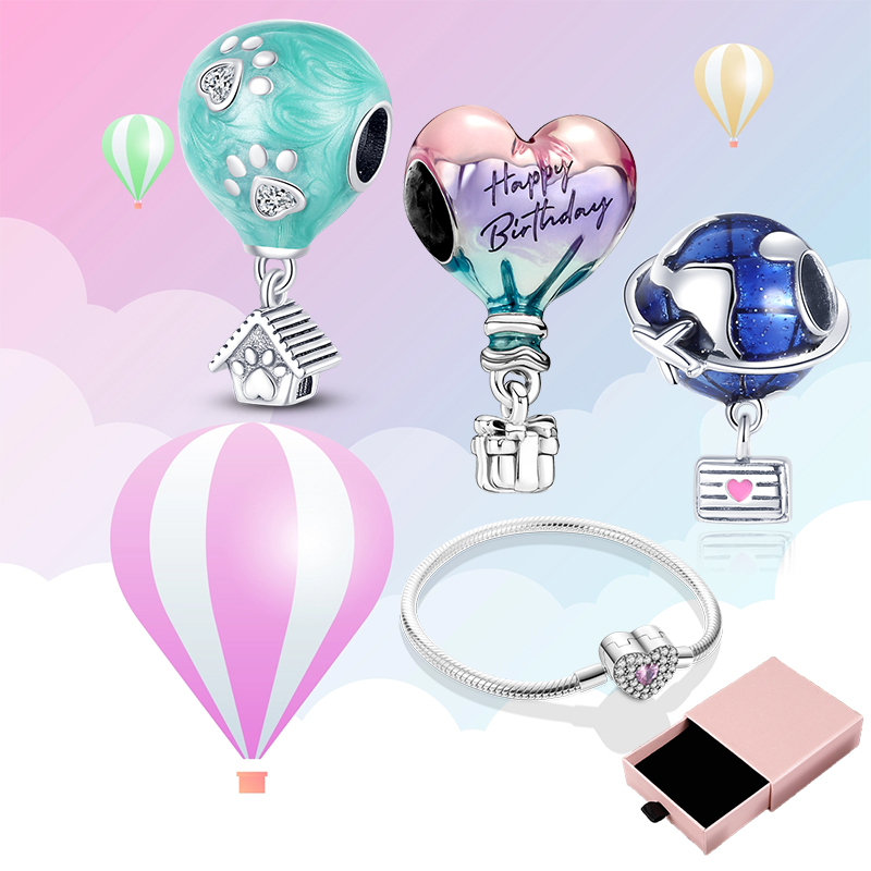 925 Silver Fit Pandora Charm 925 Bracelet Colorful Hot Air Balloon Charms Set Pink Heart charms set Pendant DIY Fine Beads Jewelry