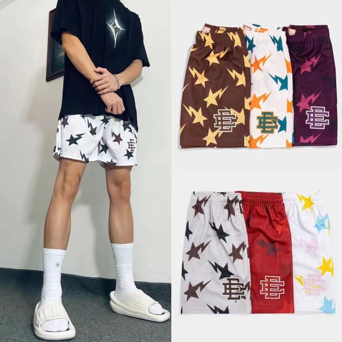 

EE Outwear Sports Shorts Men's Fashion Brand Pentagram Print Loose Mesh Breathable Casual American Five point Basketball Pants YF