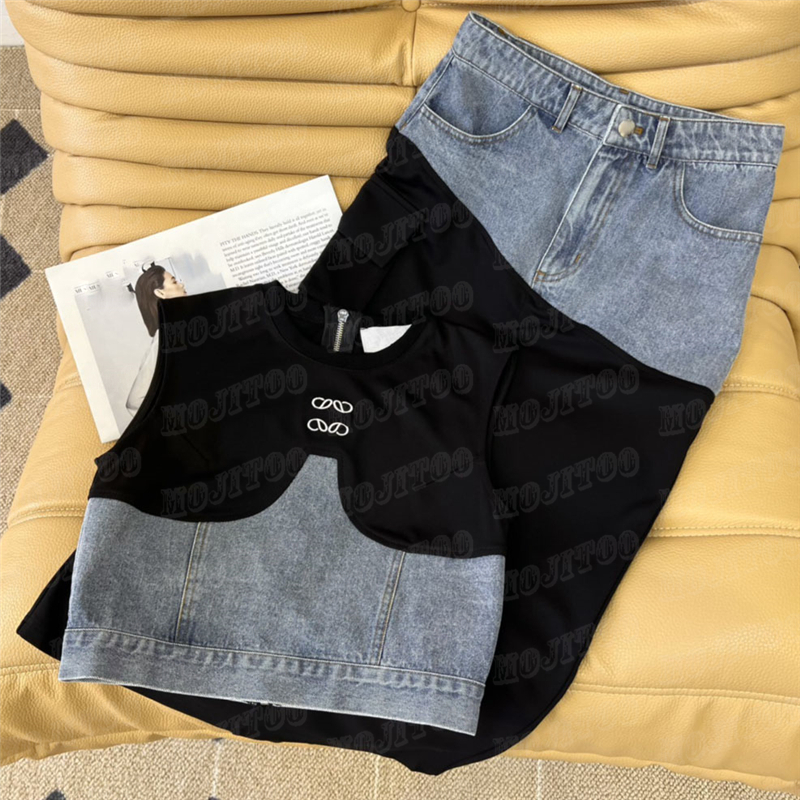 

Women Denim Vest Dress Suits Embroidery Pattern Cropped Tank Top Design Stitching High Waist Skirts, Black