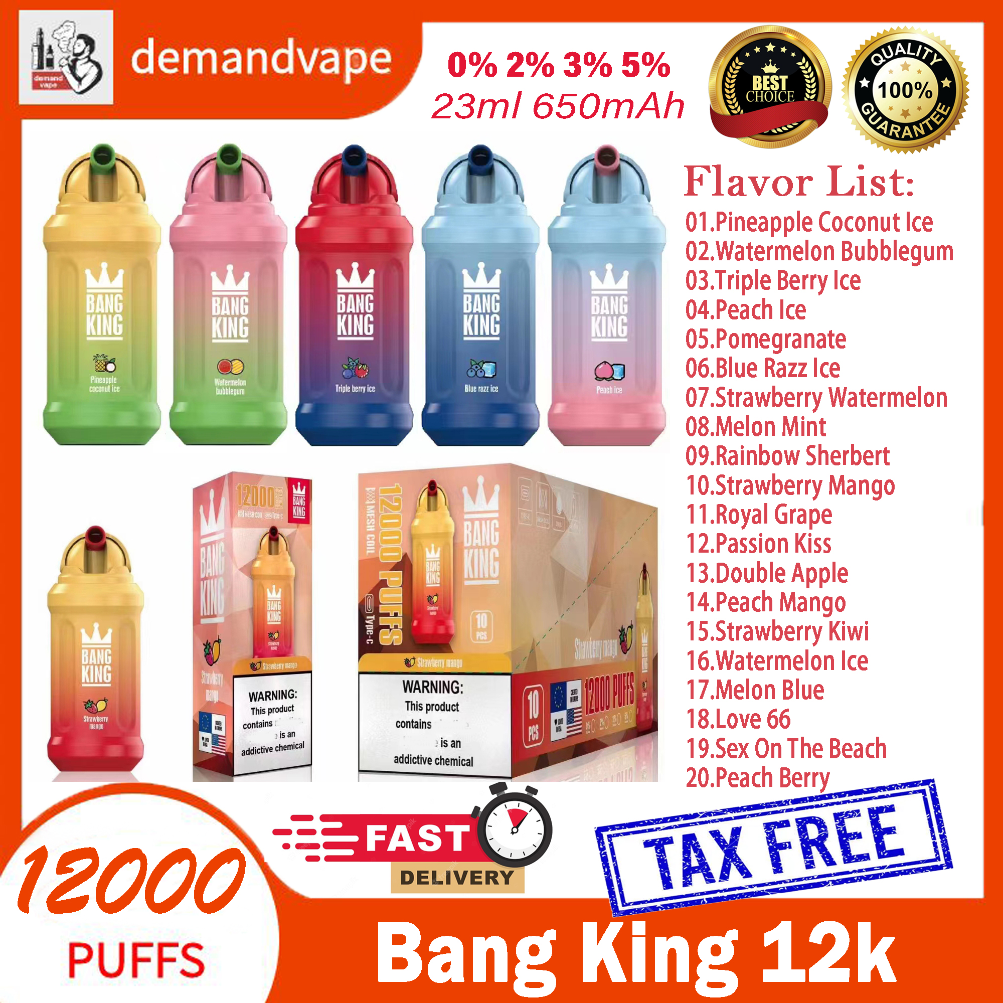 

Original Bang King 12000 Puffs Disposable Vapes Pen 12k E Cigarette 0% 2% 3% 5% Level Vaporizer 650mAh Rechargeable Mesh Coil 23ml Pre-filled Pod VS RandM Tornado 10000 10k