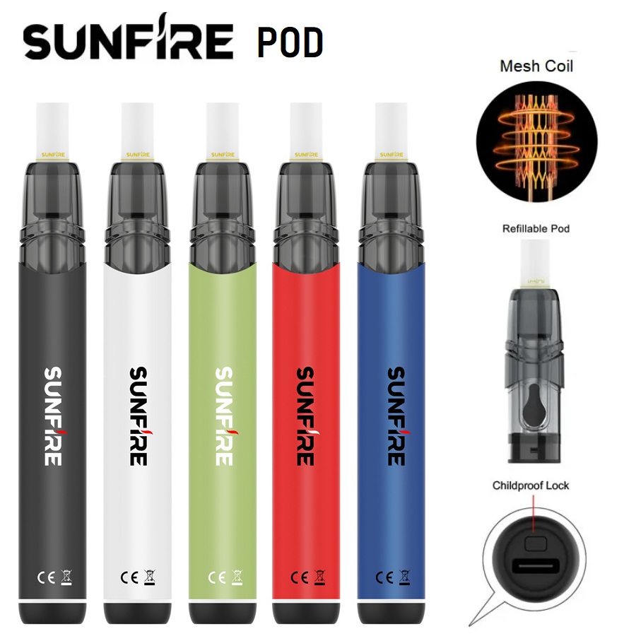 

Original Sunfire Pod Vape Pen E Cigarette Starter Kit 320mAh 2ml Empty Refillable Pods Device with Bottom Lock System KIWI Vapor Compatible