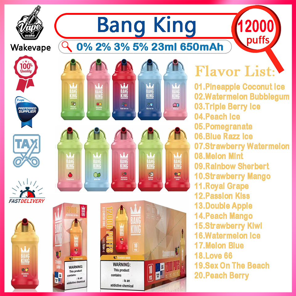 

Original Bang King 12000 Puff Disposable Vapes Pen 0% 2% 3% 5% Strength 23ml Pre-filled Pod Vaporizer 650mAh Rechargeable Battery Mesh Coil 12k Puffs Vape E Cigarette