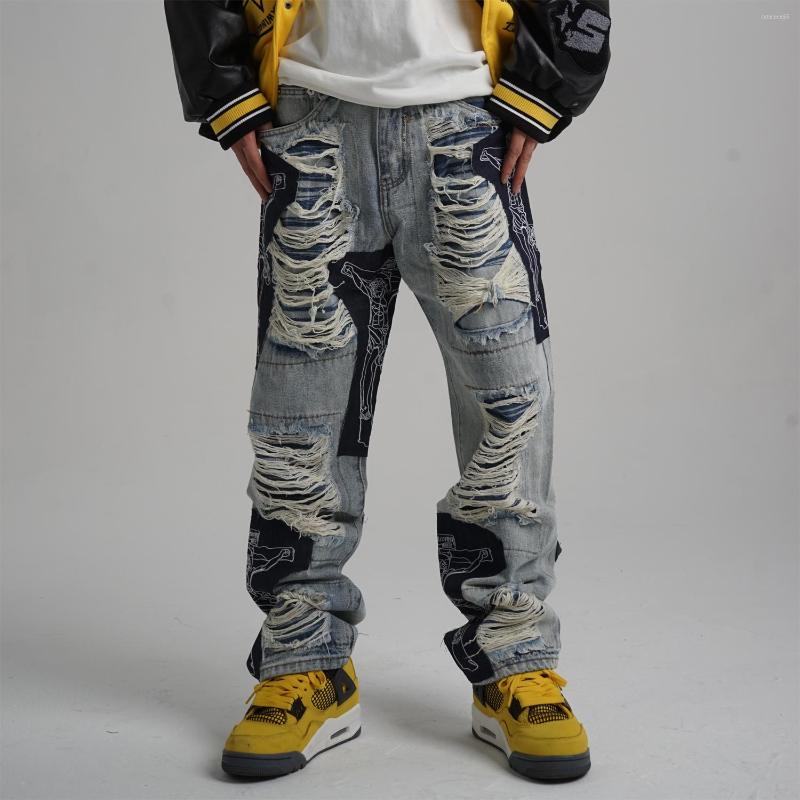 

Men' Jeans Ripped Tassel Jesus Cross Embroidery High Street Pants Shabby Retro Denim Trousers Loose Harajuku, Blue