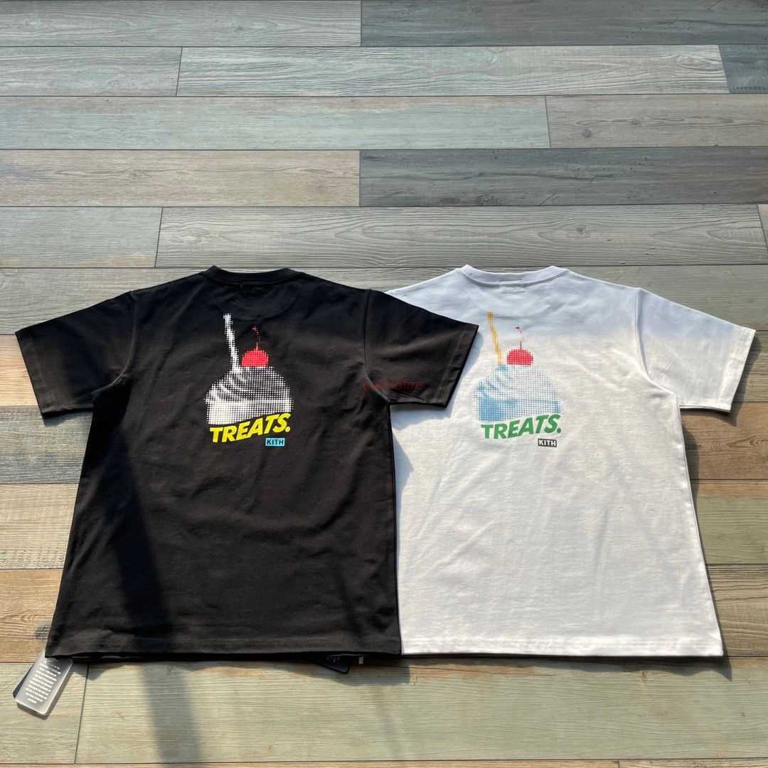 

Designer Fashion Clothing Tees Tshirts Previously 100kith with Ice Cream Pattern on the Back for Men and Womens Short Sleeved Tshirts As a Base cotton Streetwear Spor, Black