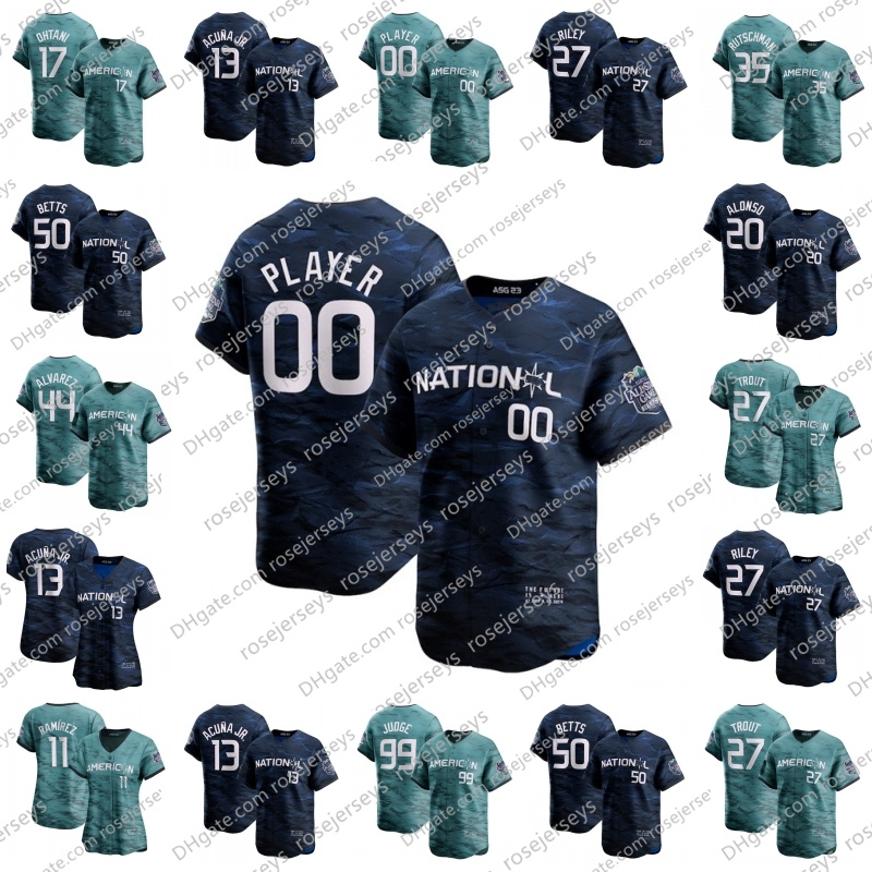 

Cutom 2023 All-Star Baseball Jerseys Aaron Judge Rafael Devers Byron Buxton Shohei Ohtani Mike Trout Marcus Semien Ronald Acuna Jr. Mookie Betts 28 Martinez, Women's teal