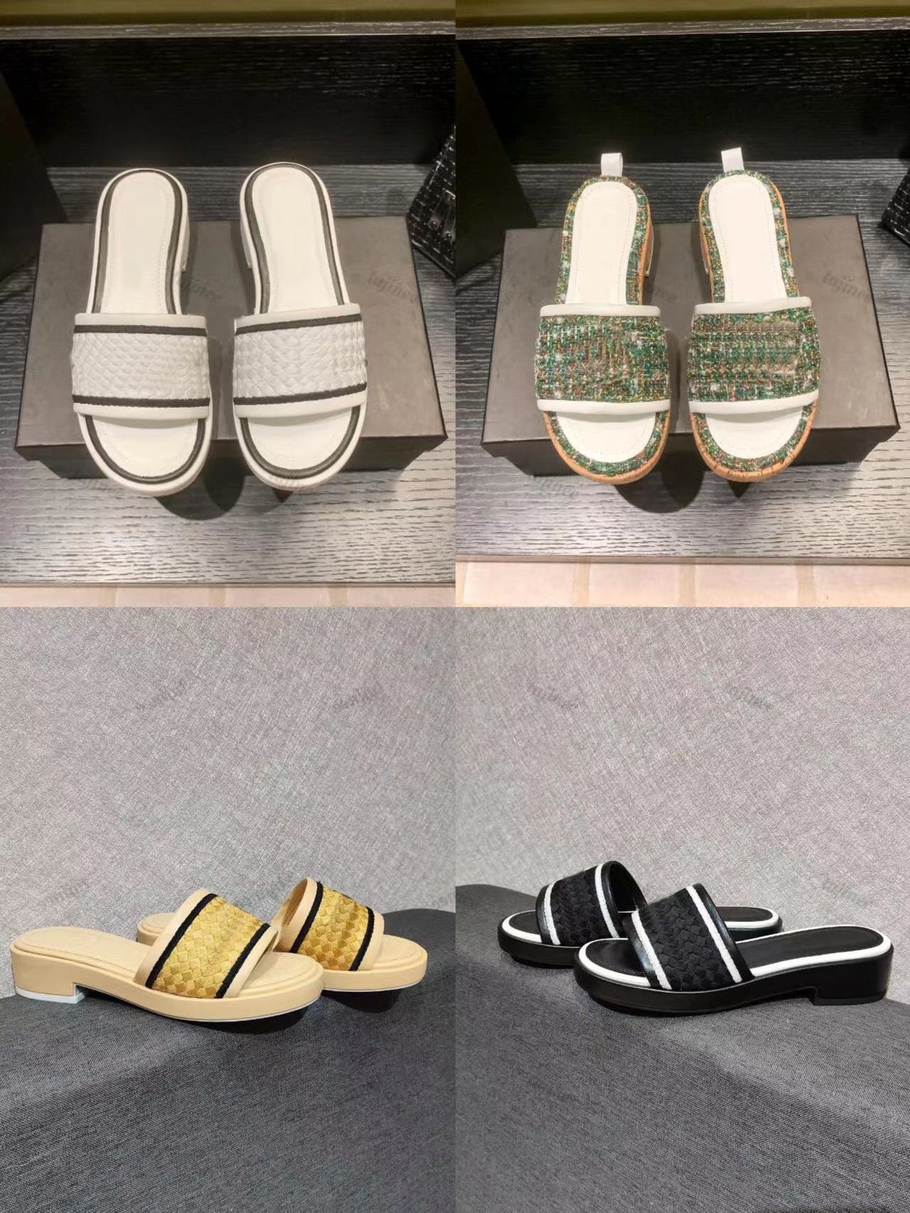 

Luxury Women Mule Sandals Tweed Straw Woven Slippers Cork Base Block Heel Design Slip On Wedge Beach Shoe, Color 15