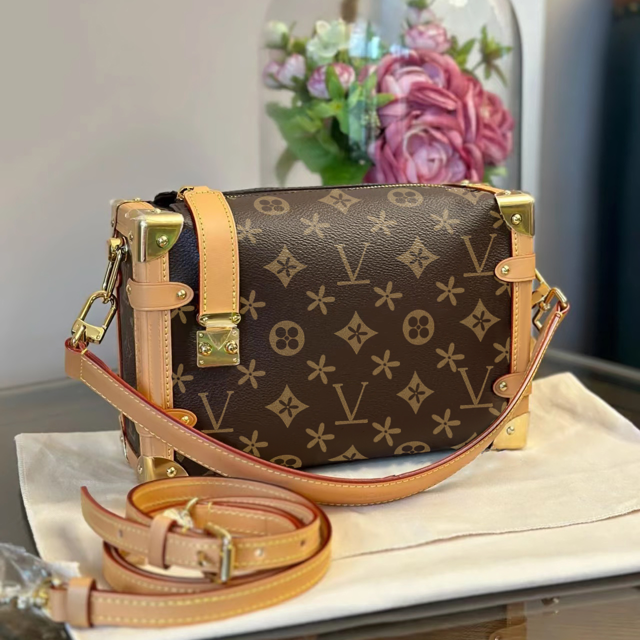 

Women M46358 side trunk box nano clutch bag Luxurys M21741 Embossed tote handbag pochette shoulder bag Mens Designer Genuine Leather black cross bodys makeup bags, Brown embossed